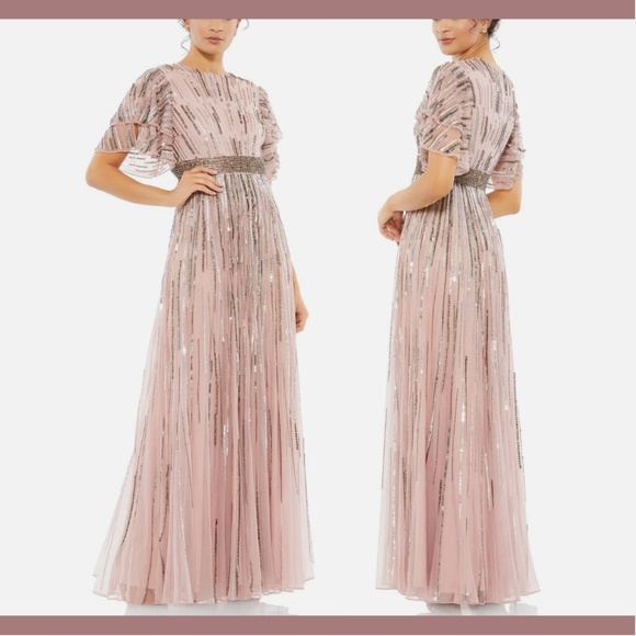 NWT $698 Mac Duggal [ 14 ] Embellished Full Length Layered Sleeve Gown Rose Pink - Picture 1 of 14